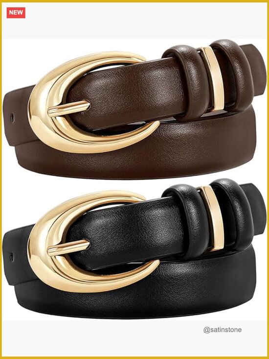 2 Pack Faux Leather Skinny Belt with Gold Buckle for Women main image 3